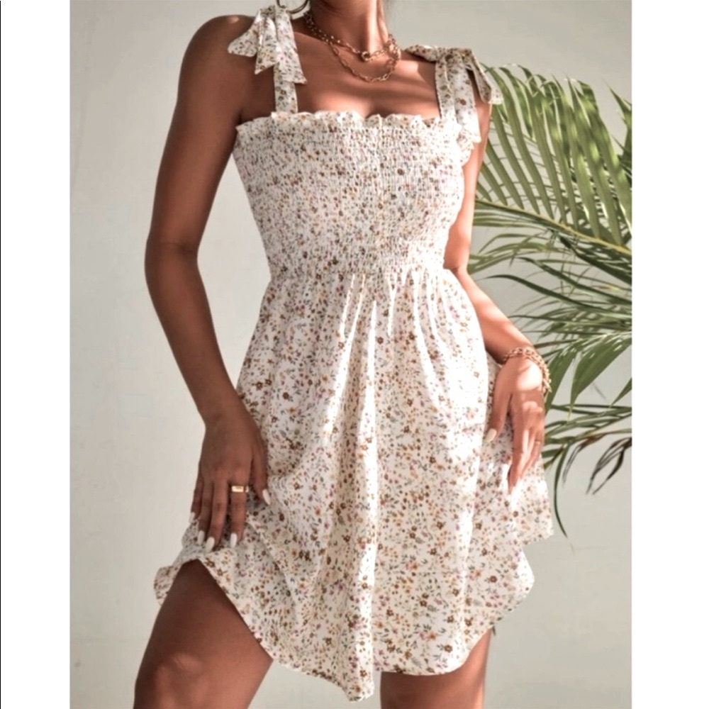 🍃 Floral Print Shoulder Tie Dress - Picture 3 of 8
